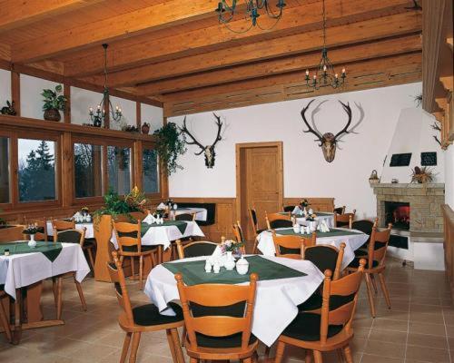 巴特尚道沃弗斯贝格全景酒店的一间带桌椅和壁炉的用餐室