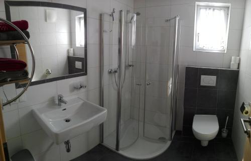 瓦格赖恩Appartement Andi的带淋浴、盥洗盆和卫生间的浴室