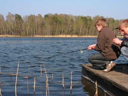 ZabórWinnica Na Leśnej Polanie的两个男孩在码头上湖上钓鱼