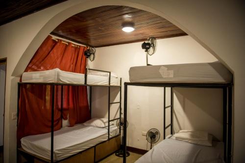 格拉纳达El Caite Hostel的带拱形天花板的客房内的两张双层床