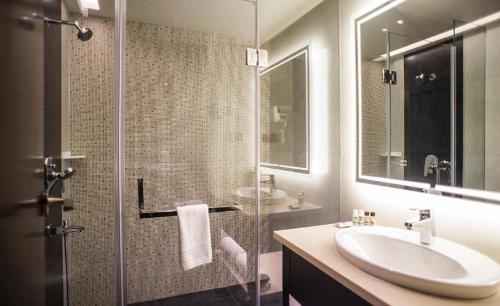马图拉布里奇瓦希兰德斯酒店的一间带水槽和玻璃淋浴的浴室