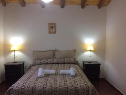 马拉圭Terrazas En El Bosque Cabañas的一间卧室配有一张大床和两盏灯