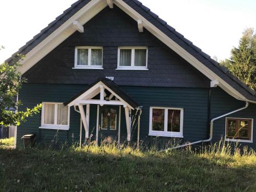 Nieder-KinzigFerienhaus Momo的蓝色房子,有 ⁇ 帽屋顶