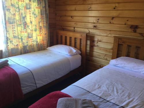 WetheralKairaki Beach Motor Camp的木墙客房的两张床