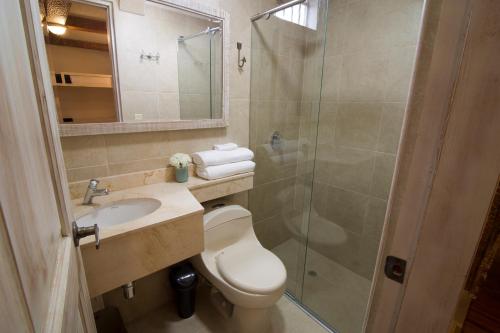 卡塔赫纳Life is Good Cartagena Hostel的浴室配有卫生间、淋浴和盥洗盆。