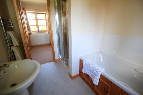 埃文河畔斯特拉特福Three Ways Farmhouse B&B的浴室配有盥洗盆、卫生间和浴缸。