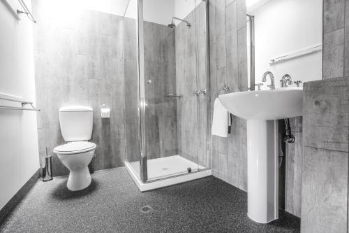 巴拉腊特疏芬山酒店的带淋浴、卫生间和盥洗盆的浴室