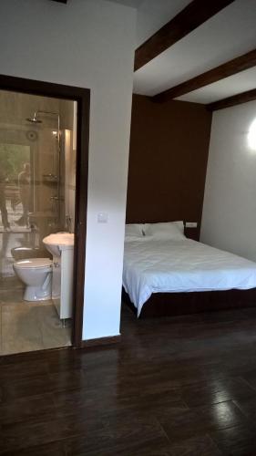 上维谢乌Casutele Andreica的一间卧室配有一张床、一个浴缸和一个水槽