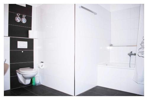 鲁斯特CALIFORNIA Flat - EP Ticket Garantie的白色的浴室设有卫生间和淋浴。