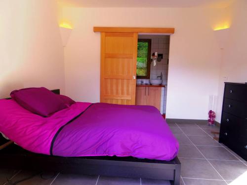 Blésignac旦斯蕾斯宝斯一室公寓的一间卧室配有一张带粉红色棉被的大床