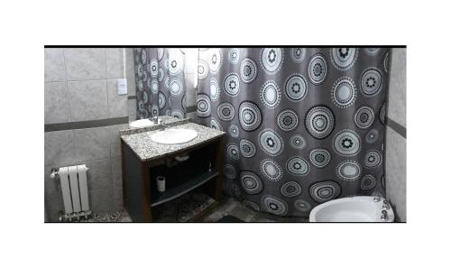 马拉圭Duplex "Valle Hermoso"的浴室配有淋浴帘和盥洗盆。