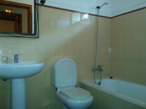 索茹Casa Do Grilo Soajo的浴室配有卫生间、盥洗盆和浴缸。