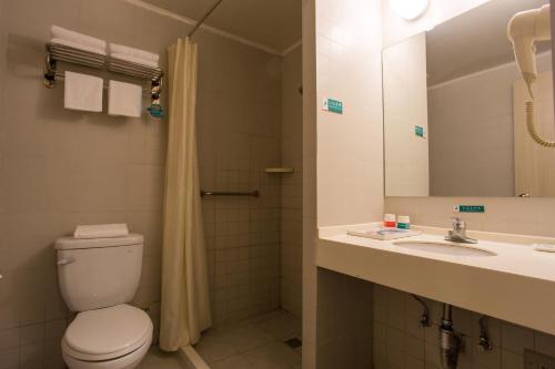 宝鸡锦江之星宝鸡高铁站酒店的一间带卫生间、水槽和镜子的浴室