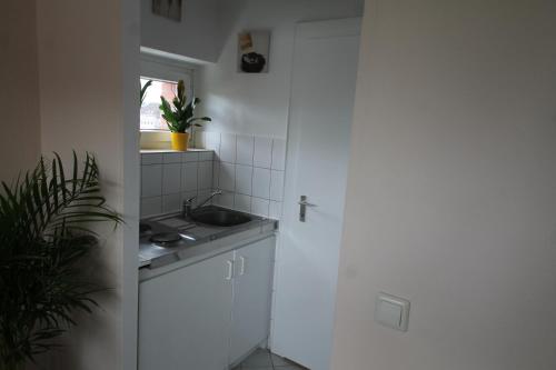 基尔Apartment am Blücherplatz的白色的小厨房,配有水槽和窗户