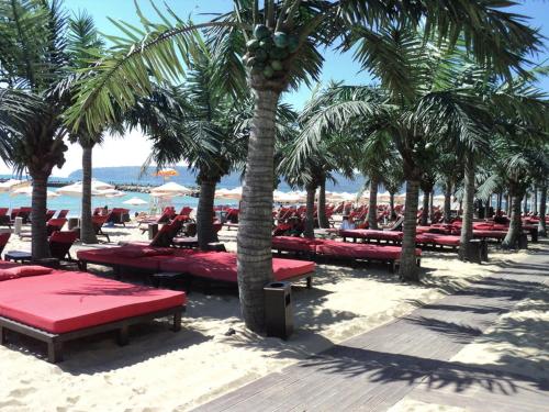 瓦尔纳雷斯卡亚巴卡旅馆的棕榈树和红色长椅的沙滩