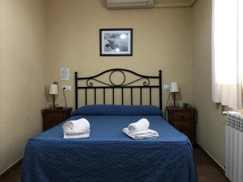 马德里埃尔皮拉尔旅馆的一间卧室配有蓝色的床和2条毛巾