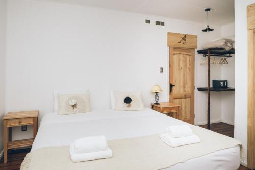 Cerro Castillo艾斯坦莎艾尔奥维罗帕特尼科酒店的卧室配有带毛巾的大型白色床