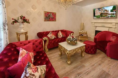 巴登韦勒Boutiquehotel Villa Rosenhof的客厅设有红色的沙发和壁炉