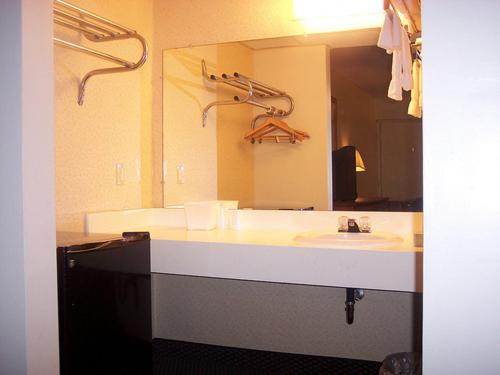 特雷霍特红地毯旅馆（原皇家旅馆）的一间带水槽和大镜子的浴室