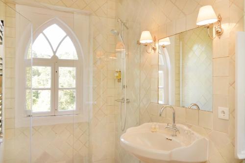 辛特拉辛特拉金塔圣塞巴斯蒂昂之家旅馆的一间带水槽、淋浴和镜子的浴室