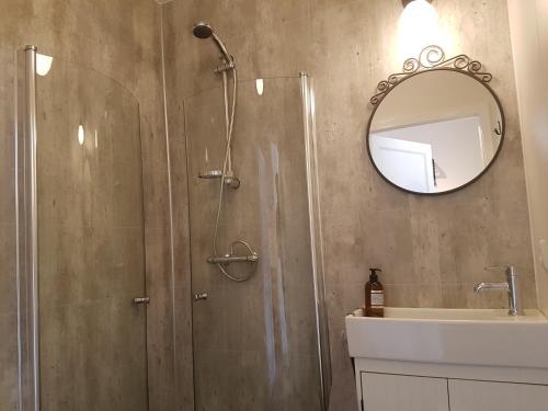 Bólstaðarhlíð波尔斯塔奥尔里奥旅馆的带淋浴、盥洗盆和镜子的浴室