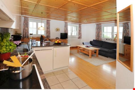 加舒恩Haus Madrisella的厨房以及带沙发和桌子的客厅。