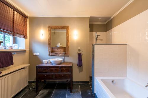 BasseveldeChez Maintje的带浴缸、水槽和镜子的浴室