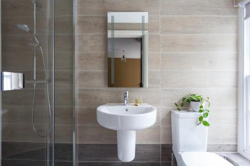伦敦佩卡姆酒店的一间带水槽、卫生间和镜子的浴室