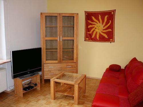 巴特维尔东根Holiday flat with private terrace in H ddingen的客厅配有红色沙发和电视