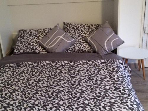 里尔Safari chic的一张带黑白毯子和枕头的床