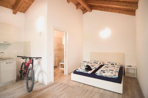 德罗Agriturismo Sarca House的一间卧室配有一张床,里面装有自行车
