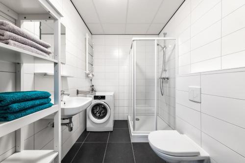 OudewaterVakantieappartementen centrum Oudewater的浴室配有卫生间水槽和洗衣机。
