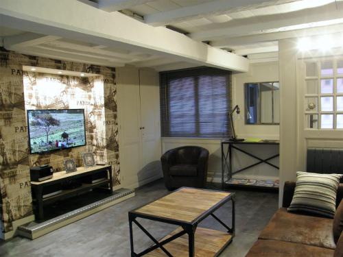 翁弗勒尔Honfleur de lys的客厅配有电视、沙发和桌子
