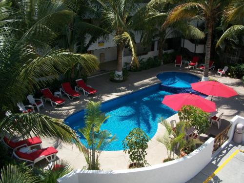 图斯特拉古铁雷斯Hotel Palapa Palace Inn的享有游泳池的空中景致,配有椅子和遮阳伞