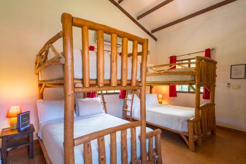 圣卡洛斯Istmo Beach and Jungle Bungalows的一间卧室配有两张双层床。