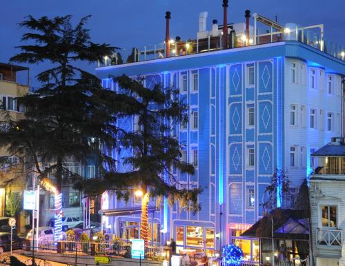 伊斯坦布尔Blue House Hotel Old City - Sultanahmet的建筑的侧面有蓝色的灯光