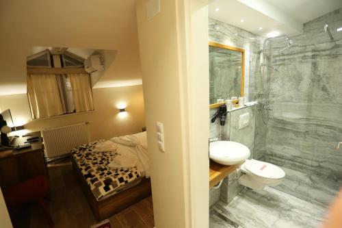 普里兹伦Saray Hotel的带淋浴、盥洗盆和卫生间的浴室