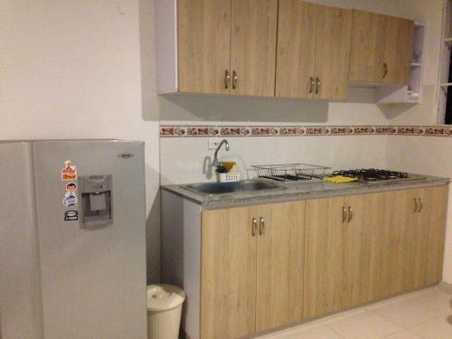 圣玛尔塔Brizzamar Hotel的厨房配有不锈钢冰箱和木制橱柜