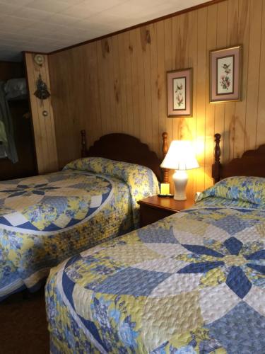 温德姆Cave Mountain Motel的酒店客房设有两张床和一张桌子上的台灯。