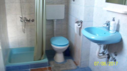 萨拉热窝Pansion Stari Konak的浴室设有蓝色的卫生间和水槽。
