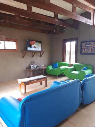 ManguziKosi Bay Lodge的客厅配有蓝色沙发和绿色椅子