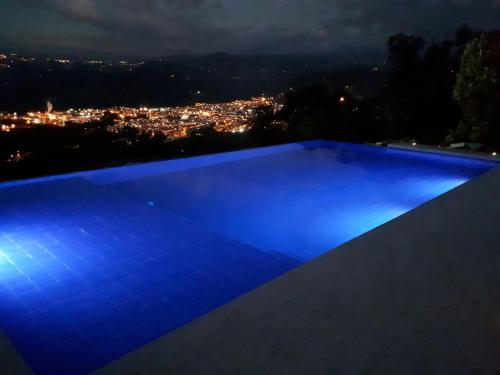ChinchináFinca Hotel Villa Clara的游泳池,晚上可欣赏到城市景观