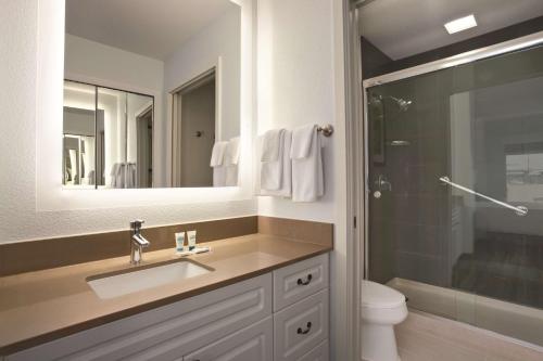 普莱森特希尔普莱森特希尔凯悦酒店的一间带水槽、卫生间和镜子的浴室