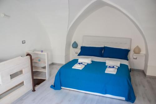 Montesano SalentinoRiz Guest House的一间卧室设有一张蓝色的床和拱形天花板