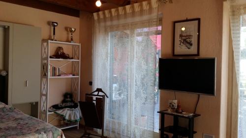比利亚尔圣科斯坦佐Casa Margherita的一间卧室设有窗户、窗帘和电视