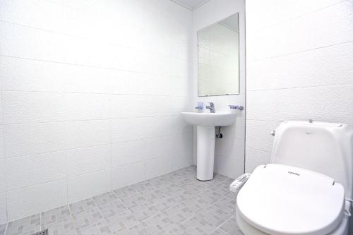 西归浦市海运港口度假酒店的白色的浴室设有卫生间和水槽。