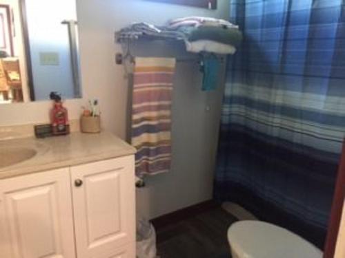 麋鹿城Eycat Lodging Company Guest House的带淋浴、卫生间和盥洗盆的浴室