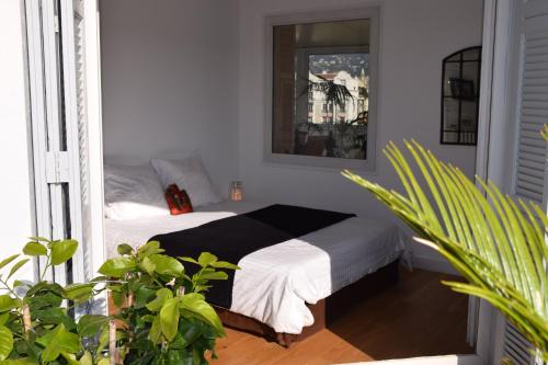 尼斯唯美尔/美好公寓 - 带露台的一间卧室配有一张带镜子和植物的床