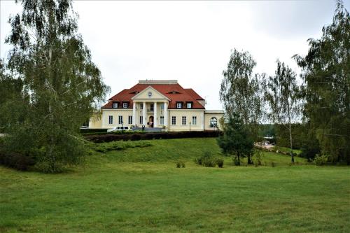 PniewyDwor Osieczek的一座带草地的山丘上的大型房屋