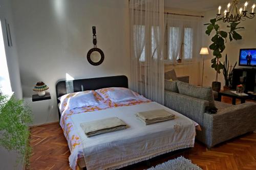 杰尔Belvárosi Studio Apartman的一间卧室配有一张床和一张沙发